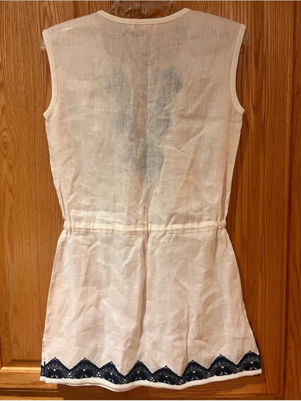 Tory Burch Margarita‎ Cream Linen Tunic Cover-Up Navy Blue Embroidery Size XS